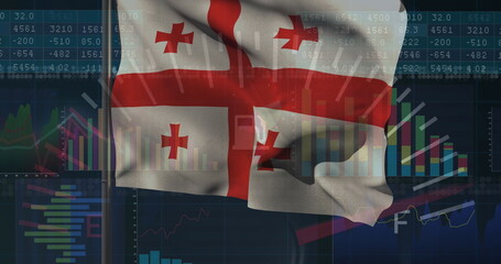 Image of georgia flag over statistical data processing against blue background