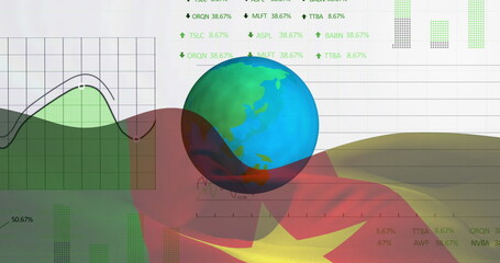 Image of stock market data processing and spinning globe against cameroon flag