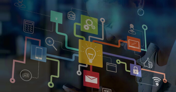 Image of network of connections with icons over african american woman using smartphone