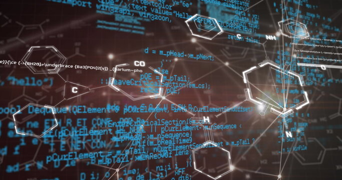 Image of network of connections and chemical structures over data processing on red background