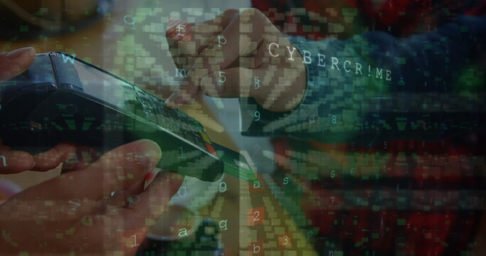 Image of cyber crime and padlock over hands of caucasian people using payment terminal - Powered by Adobe