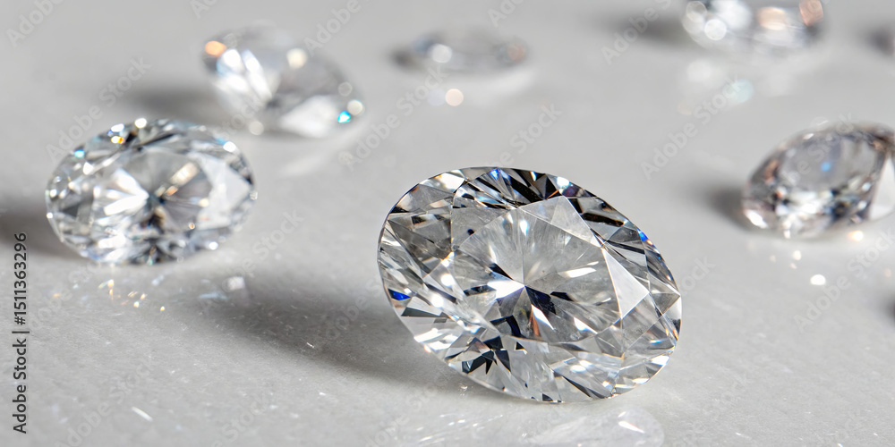 Poster various diamonds are arranged on a smooth white surface, reflecting light and creating a dazzling di