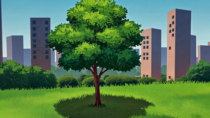 Cityscape tree in grassy field before simple buildings - Powered by Adobe