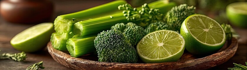Alkaline foods for uric acid by remedy and metabolism balance concept. Fresh green vegetables like broccoli and lime on a wooden plate.