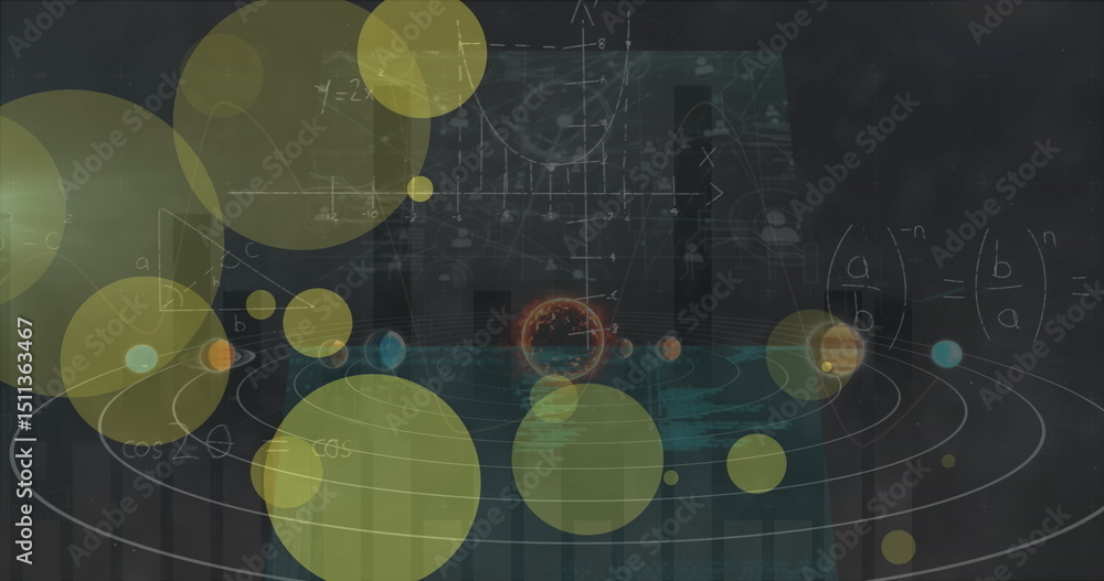 Poster image of dots blinking over solar system and data on digital screens over black background