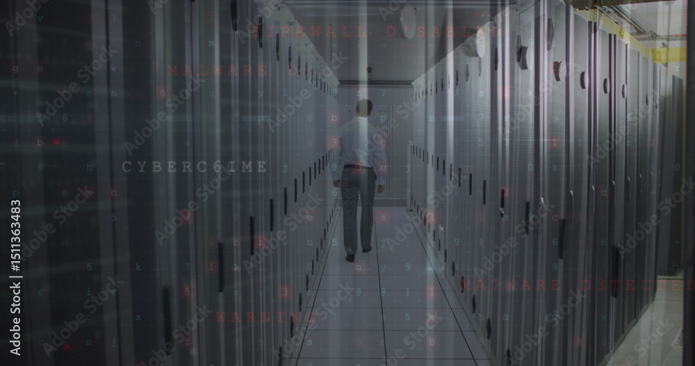 Poster image of cyber security data processing against male engineer walking in server room