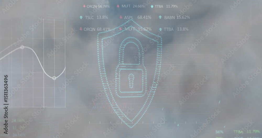 Aufkleber security padlock icon and stock market data processing against clouds in the sky