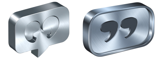 Metallic Quote Box Icon with Drop Shadow, angled isometric 3D render, isolated on transparent background PNG