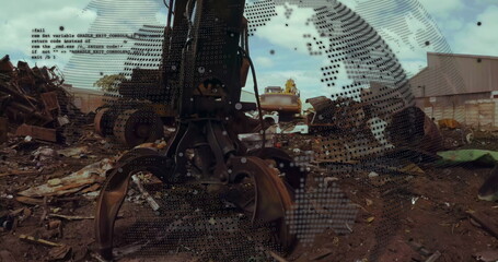 Image of globe rotating and data processing over car junkyard