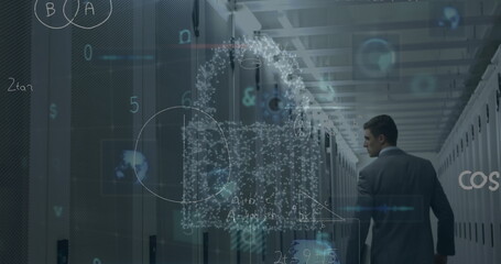 Image of cyber security data processing against caucasian male engineer walking in server room