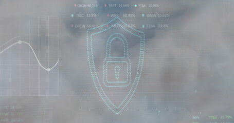 Security padlock icon and stock market data processing against clouds in the sky