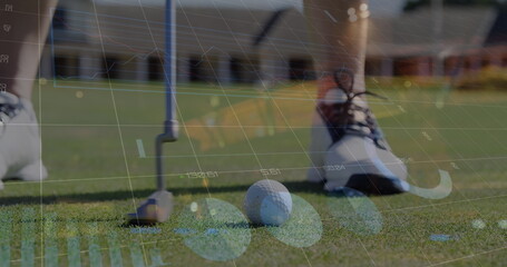 Image of statistics and data processing over caucasian man playing golf