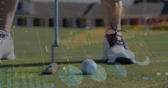 Image of statistics and data processing over caucasian man playing golf