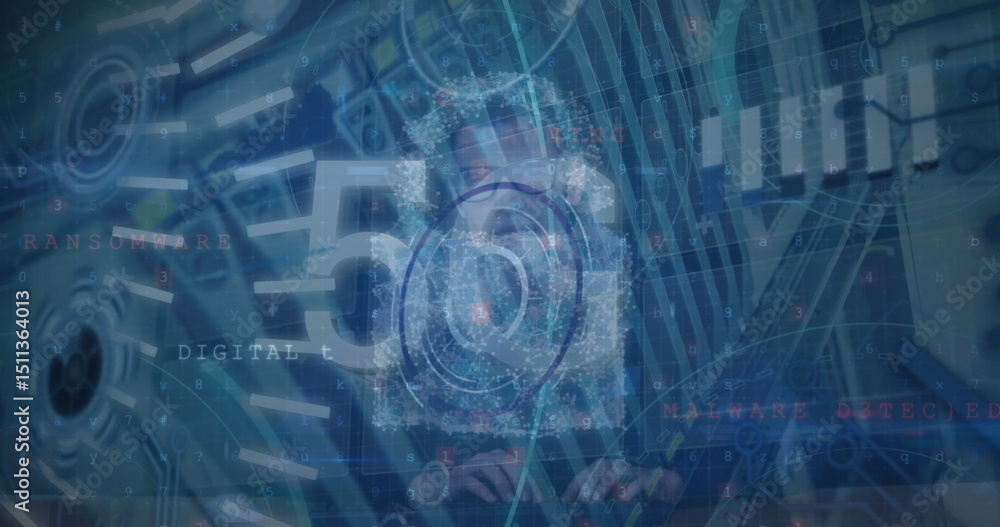 Poster image of data processing over caucasian man and server room