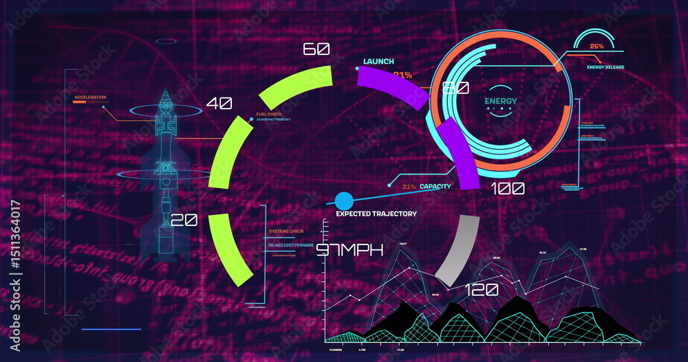 Poster image of data processing and rocket schema over black background