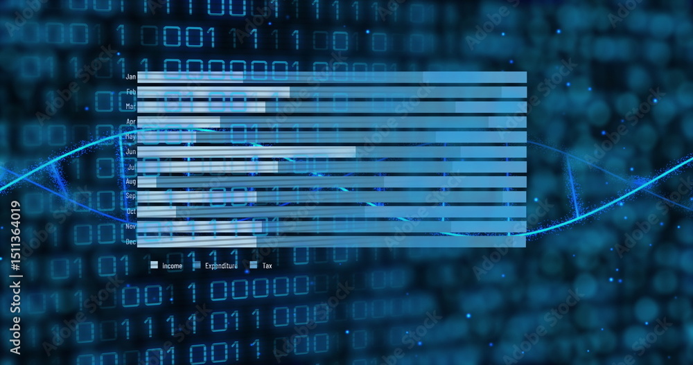Poster image of graphs, dna and binary code on black background