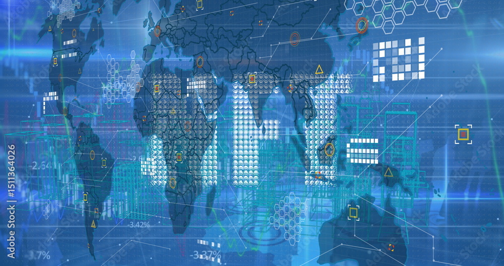 Poster image of data processing and world map over blue background