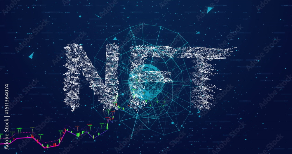 Poster image of network of connections and nft text over blue background