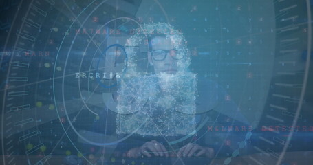 Image of data processing over caucasian man and 5g text