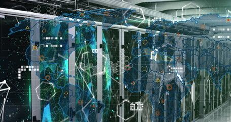 Image of shapes, icons and world map over server room