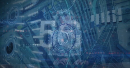 Image of data processing over caucasian man and server room