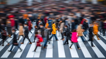 A blurred motion shot captures the energy of many pedestrians crossing a busy crosswalk in an urban city, highlighting the pace of modern life and crowds.