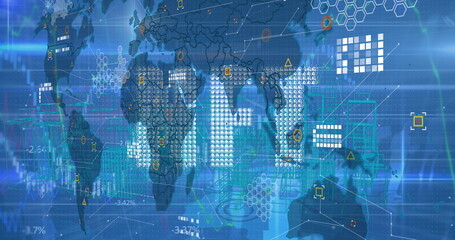 Image of data processing and world map over blue background