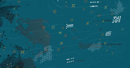 Image of covid cell over world map and data processing
