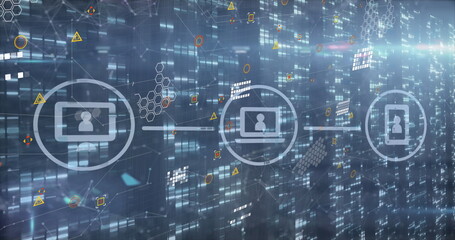 Image of data processing and media icons over black background