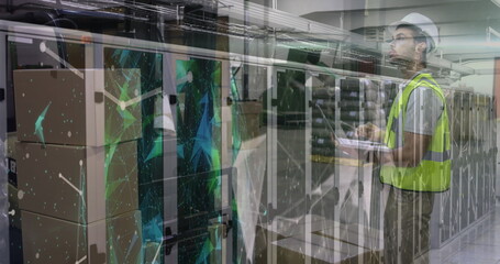 Image of caucasian male warehouse worker over servers