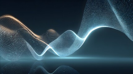 An abstract, flowing wave pattern of glowing particles shimmers and undulates against a dark background, creating a sense of depth and mesmerizing movement.