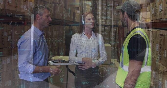 Image of caucasian female and male warehouse worker over graphs