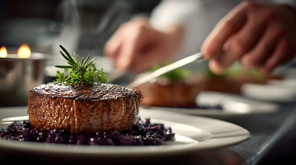 Professional chef delicately plates a seared steak with fresh herbs atop a bed of braised cabbage in a fine dining restaurant, creating an artful culinary experience.