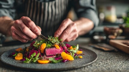 In the kitchen, a skilled chef delicately garnishes a vibrant dish of seared tuna, colorful beets, and fresh herbs on a textured plate for a culinary masterpiece.