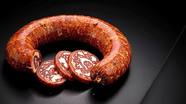 Sliced smoked sausage arranged on black surface in circular shape  