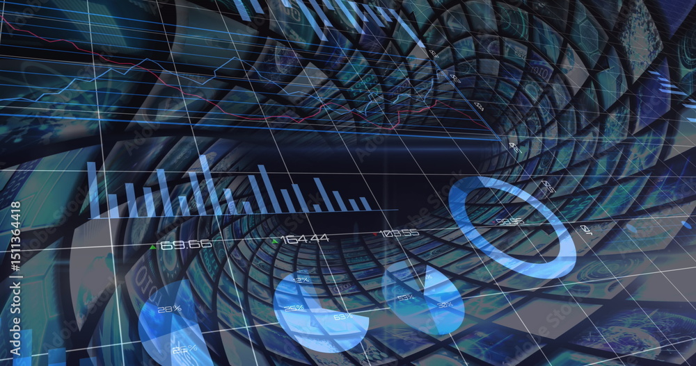 Poster image of statistical data processing over multiple curved screens against blue background