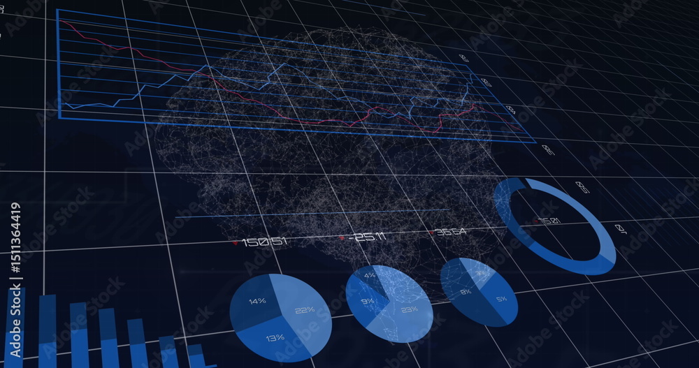 Poster image of statistical data processing over spinning human brain against blue background