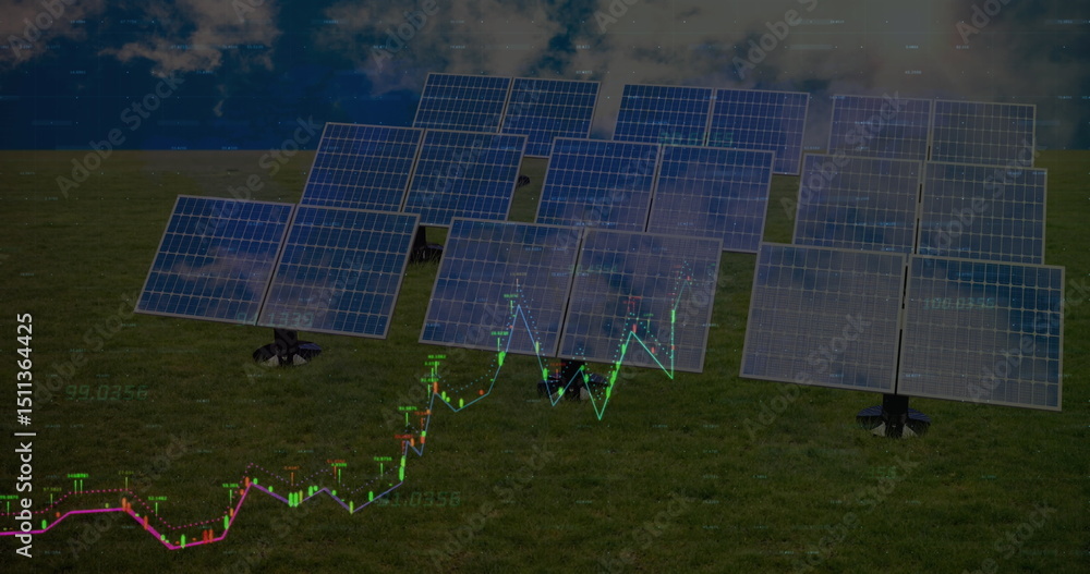 Aufkleber image of network of connections with icons over solar panels and grid