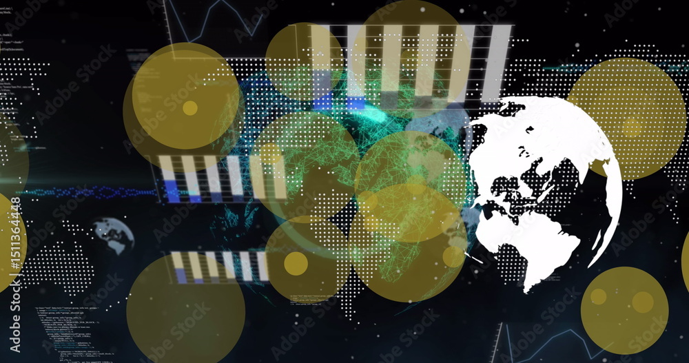 Poster image of graphs and dots over globe on black background