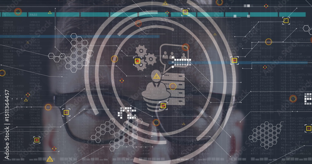 Poster image of icons and data processing over caucasian man on black background