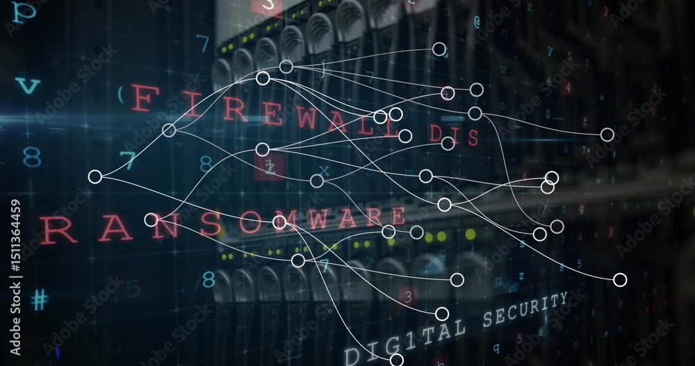 Poster image of network of connections and cyberattack warning over server