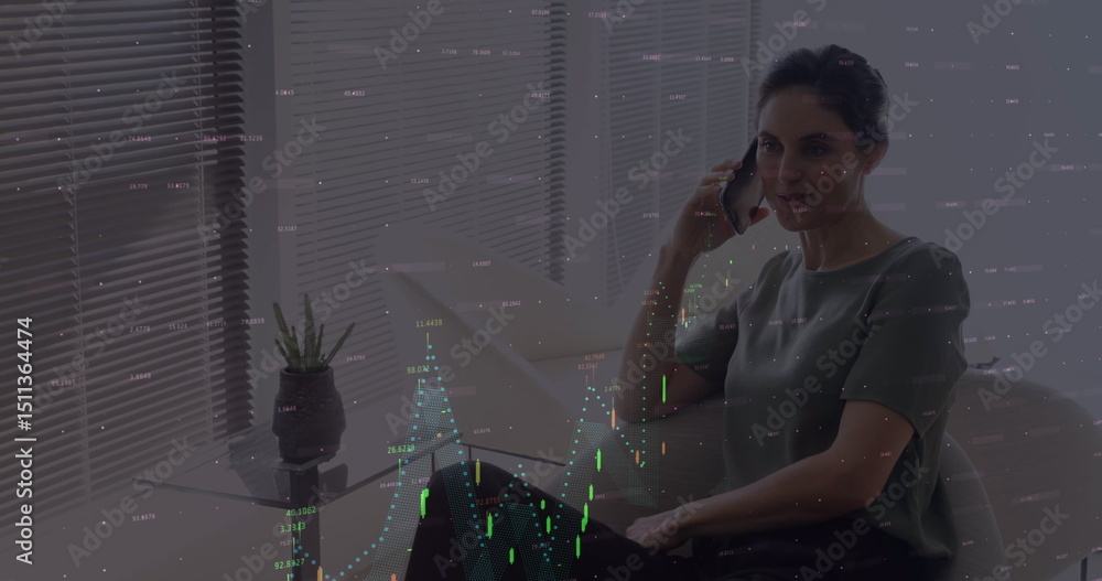 Aufkleber image of data processing and graphs over caucasian woman having call on smartphone