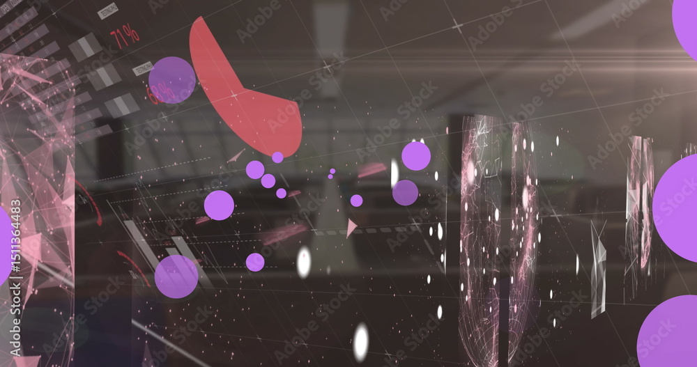 Poster image of violet dots floating over lines and data on brown background