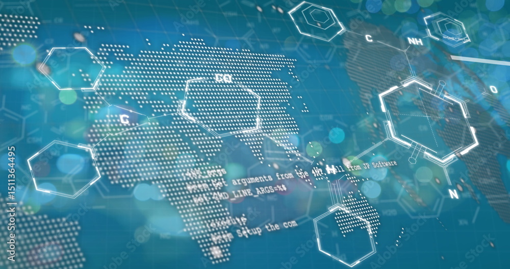 Poster image of graphs and chemical formulas over world map and green background
