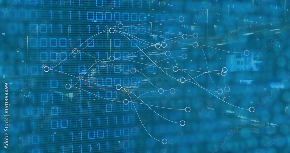 Poster image of connections and binary code on blue background