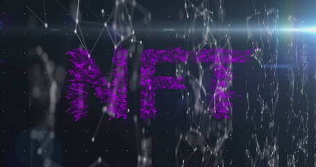 Image of waves, nft, connections and lights on black background