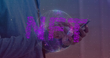 Image of nft and globe over hands of caucasian man using smartphone