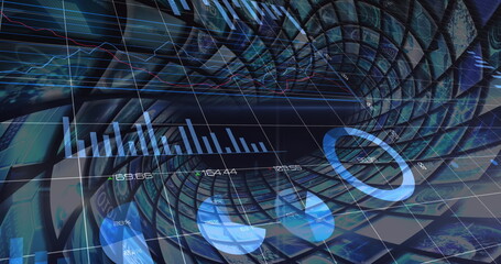 Image of statistical data processing over multiple curved screens against blue background