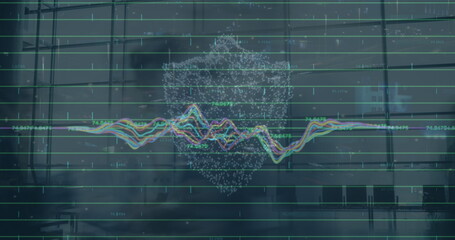 Image of data processing over digital padlock and clouds