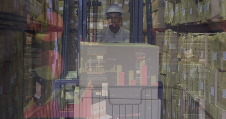 Image of financial data over male warehouse worker